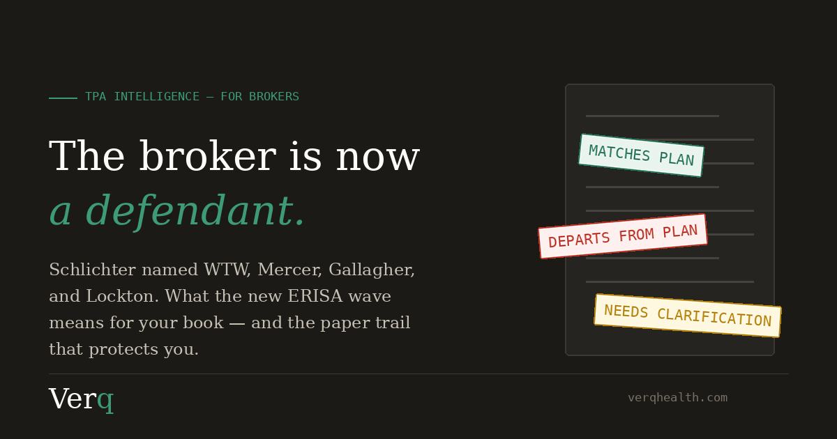 Editorial graphic: a plan document stamped with three verdicts — matches plan, departs from plan, needs clarification — beside the headline 'The broker is now a defendant.'